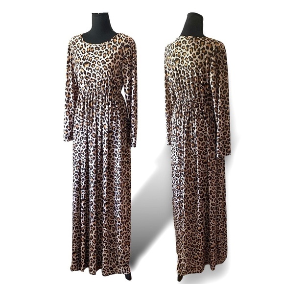 Vintage Leopard Maxi Dress Scoop Neck Fall Maxi Brown Black Women’s Size La… - Picture 3 of 11